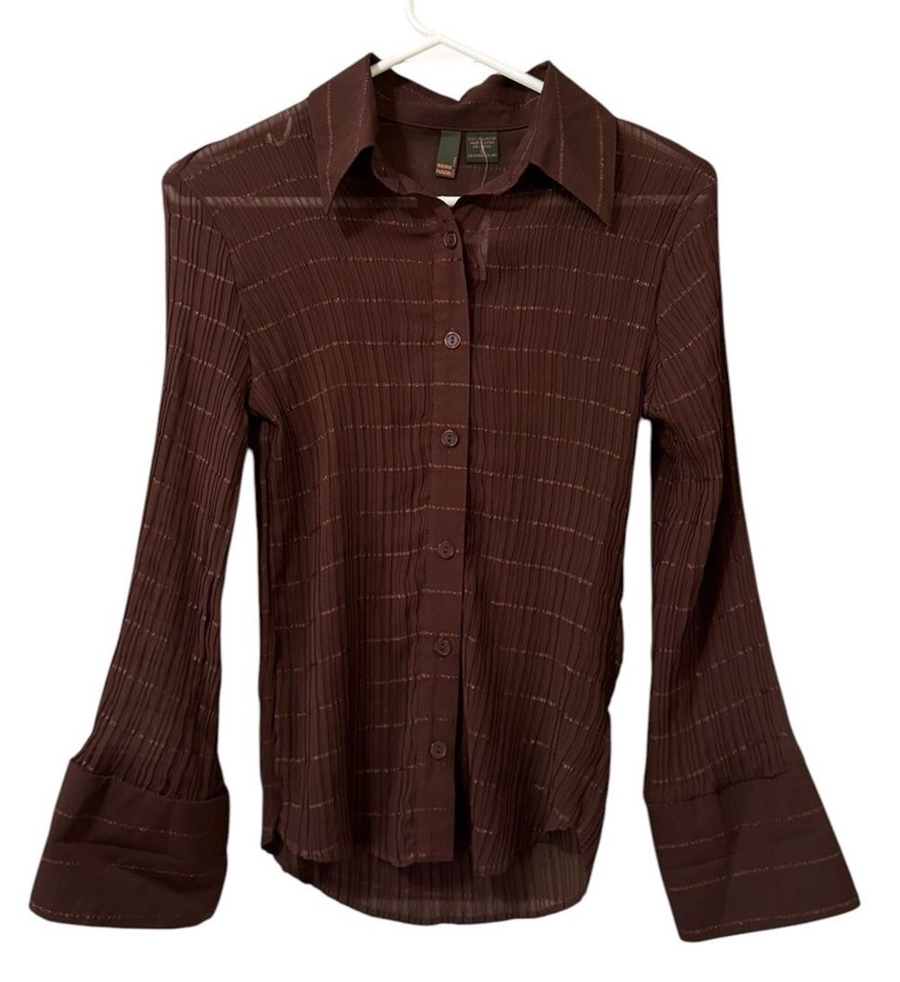 Serenade Women Size Small Button Down Shirt Crinkle Stretch Brown Office Chic